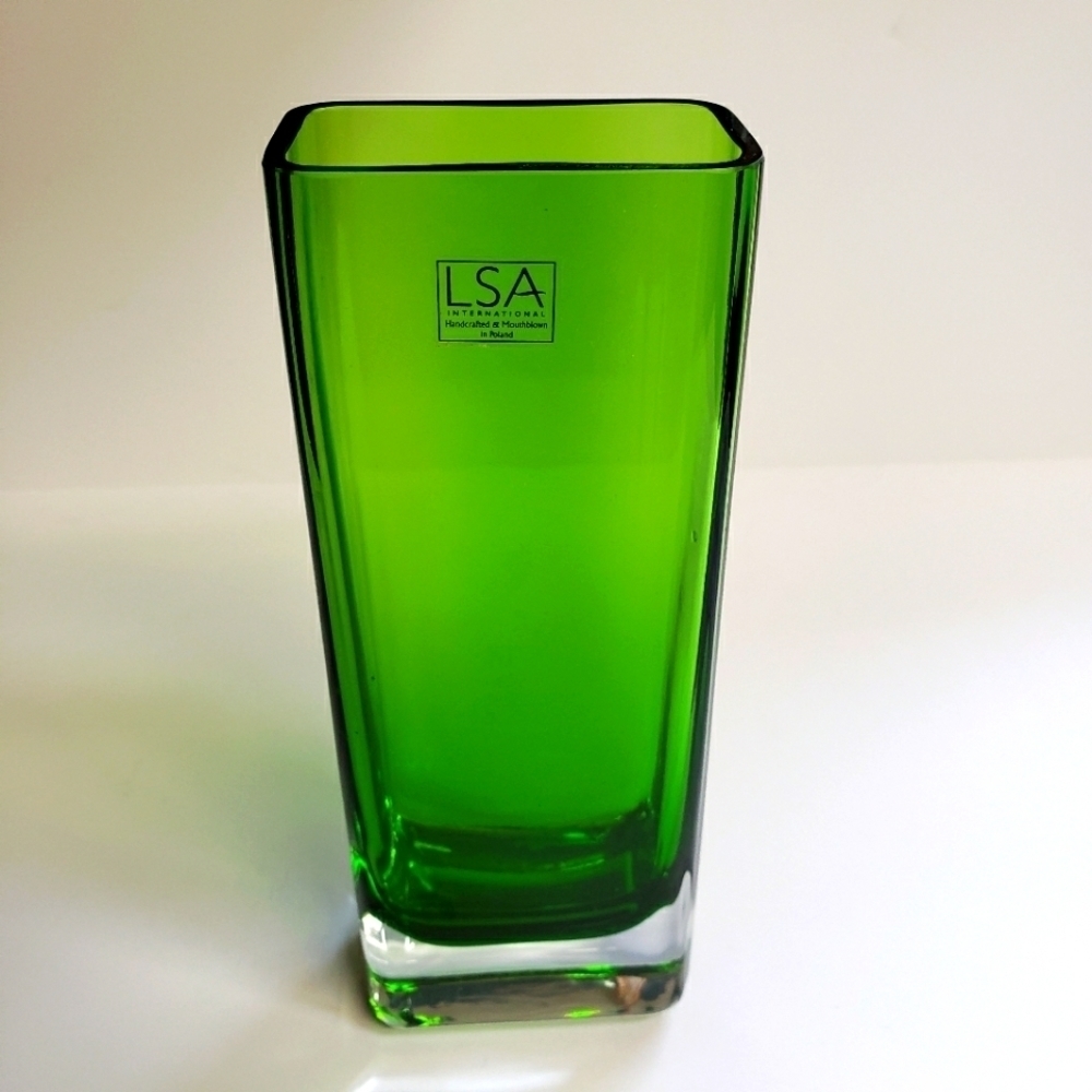 Vintage LSA International Handmade & Mouthblown Tall Green Rectangle Glass Vase - Picture 2 of 10